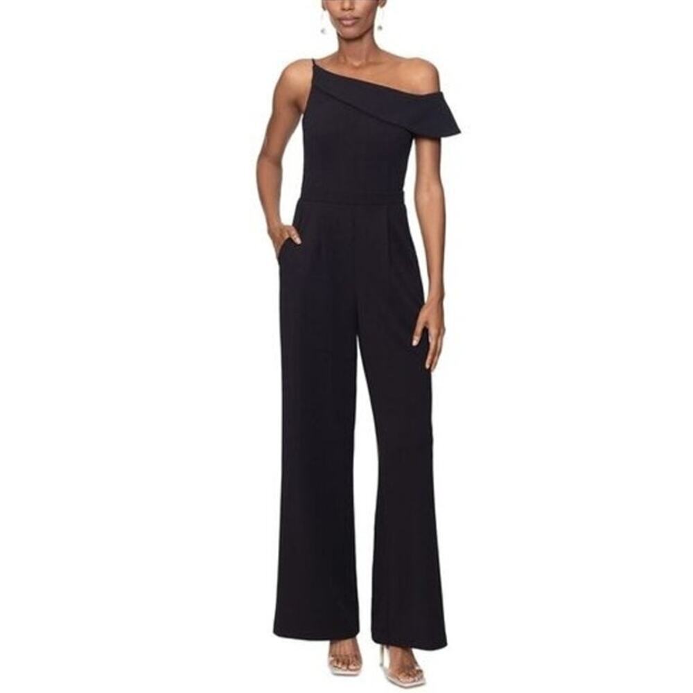 Xscape Asymmetrical Neckline Straight Leg Jumpsuit Flutter Sleeve Black 14 NWT